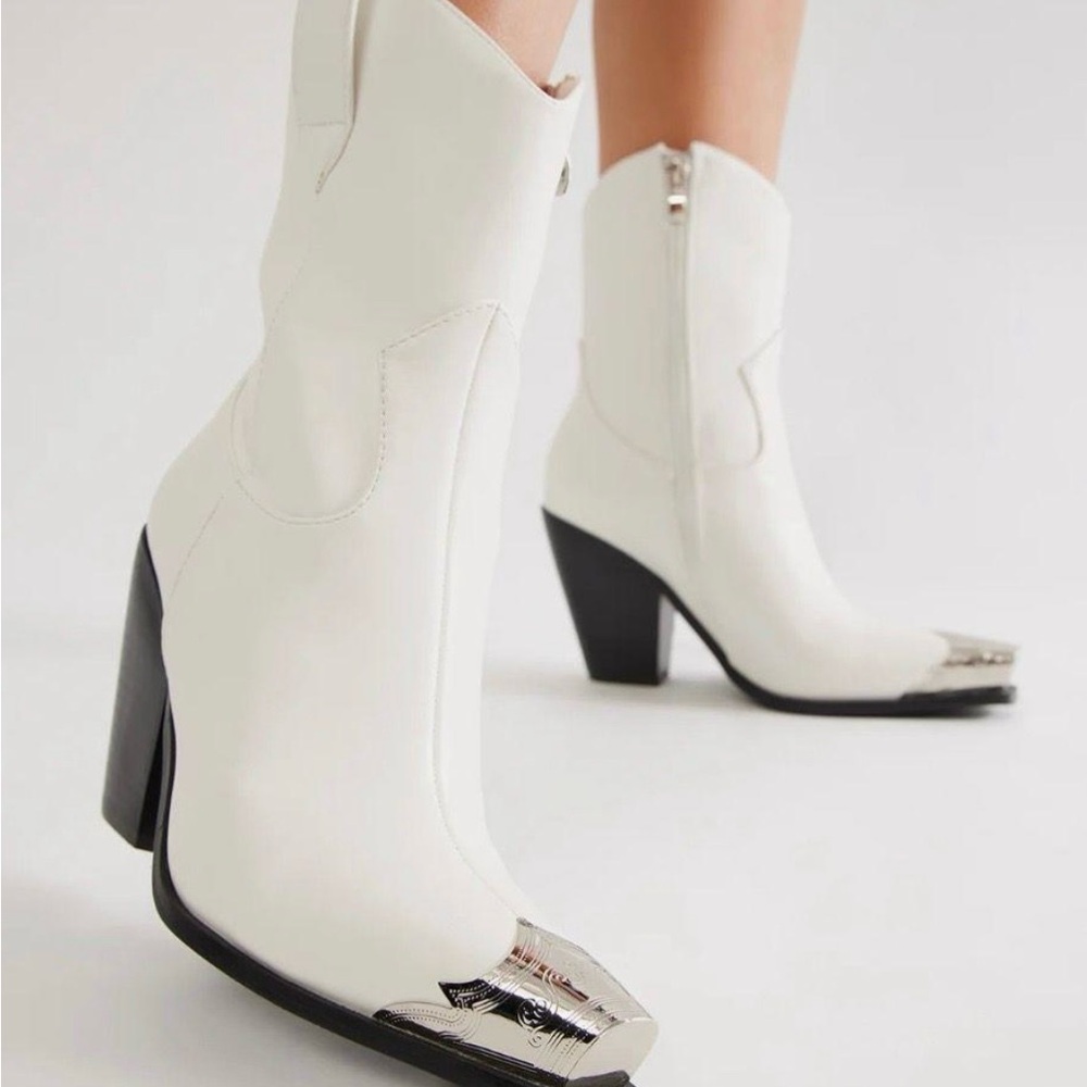 Fashion Nova White Silver Ankle Booties with Block Heel